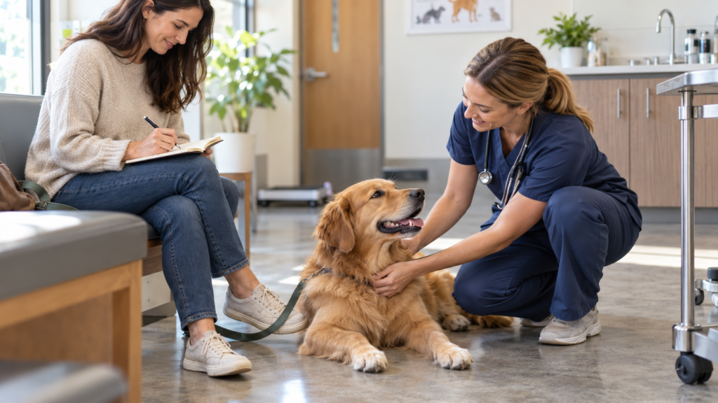 A pet owner writes notes while a veterinarian examines a calm dog