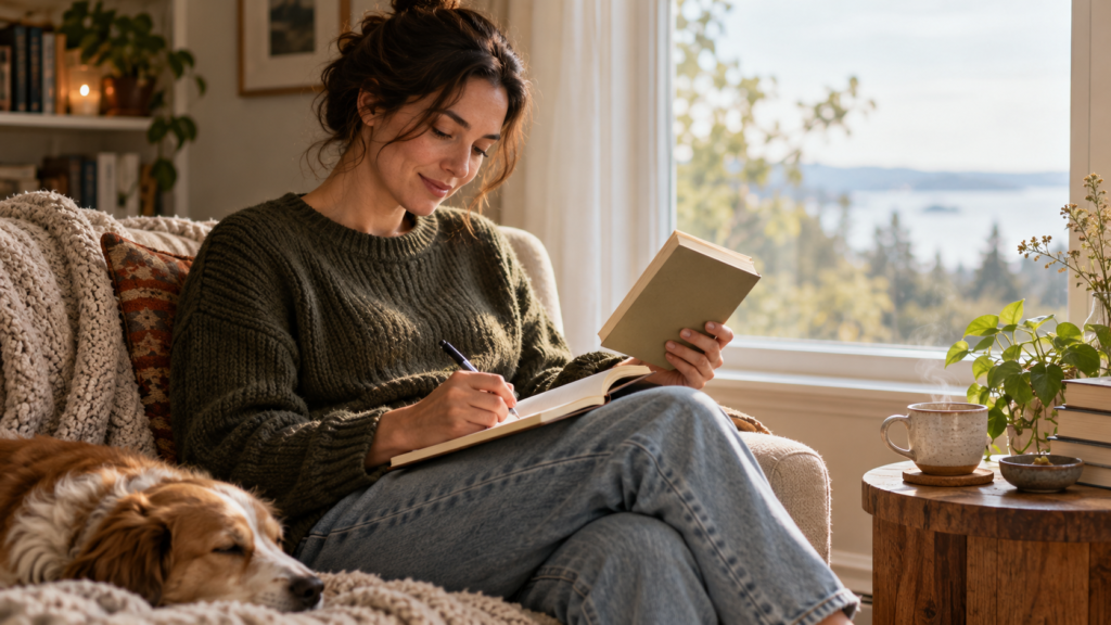A reader writes a short note in a notebook while holding a paperback by a window