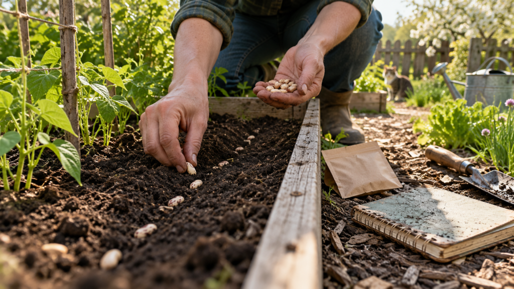 A gardener sows bean seeds in a raised bed beside a notebook