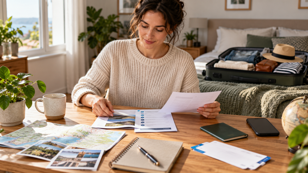 A traveler reviews printed trip details beside a suitcase and closed passport