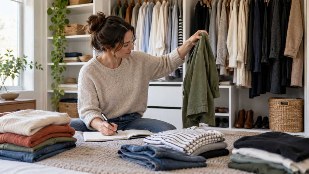 A person makes notes while sorting clothes beside an open wardrobe