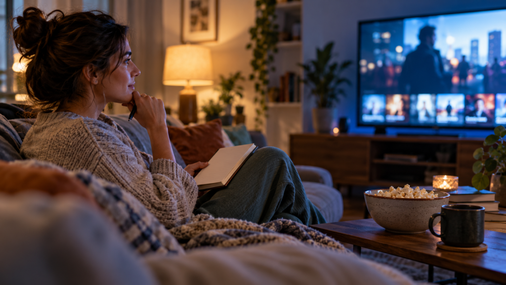A person consults a notebook while choosing a film on a cozy evening