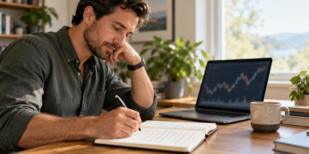 A person writes a watchlist note beside a laptop