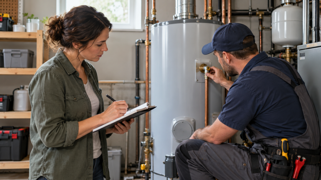 A homeowner writes notes while a technician checks a water heater