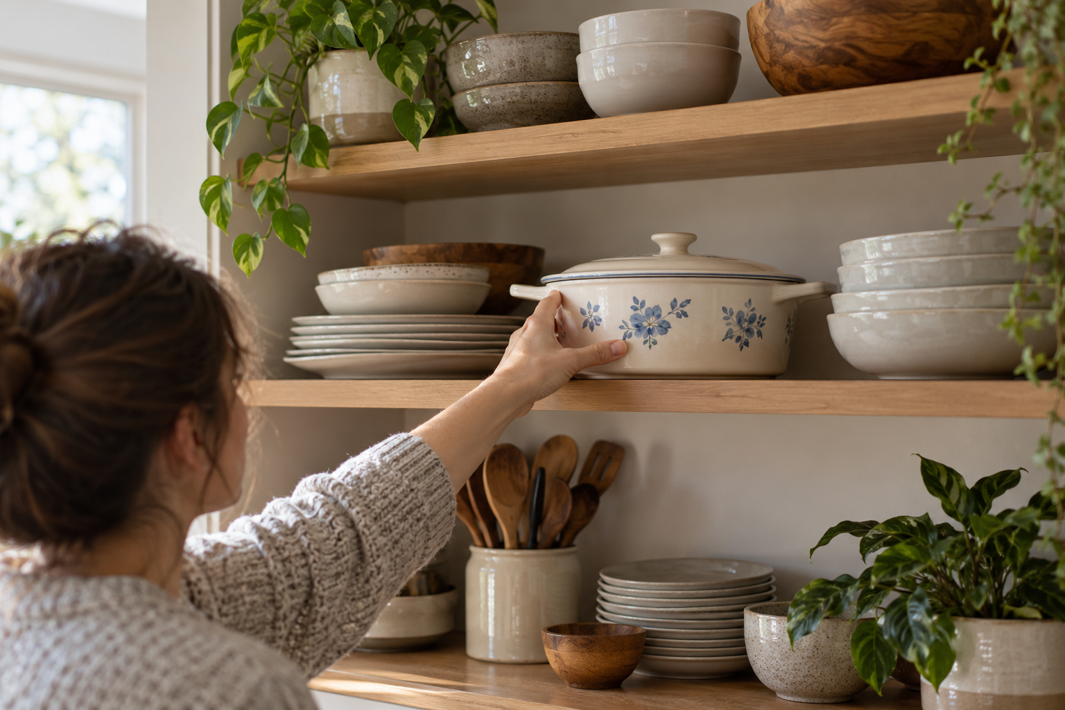 A person notices a borrowed casserole dish among their own dishes