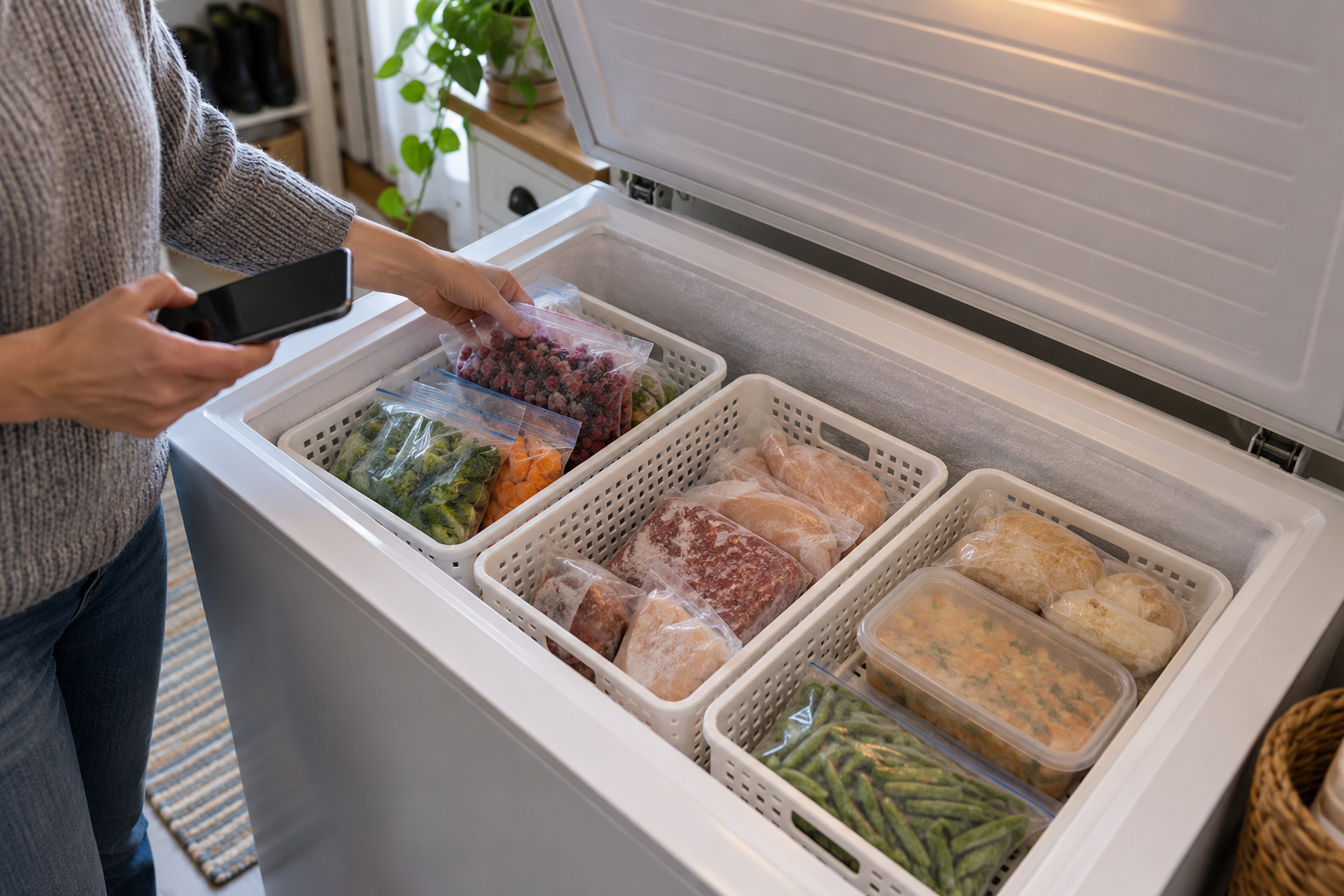 A person places frozen food into baskets in a chest freezer