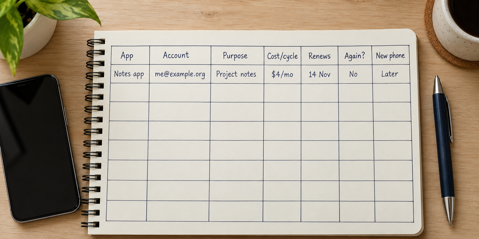 A handwritten table tracks application date, role, posting, resume, contact and next action