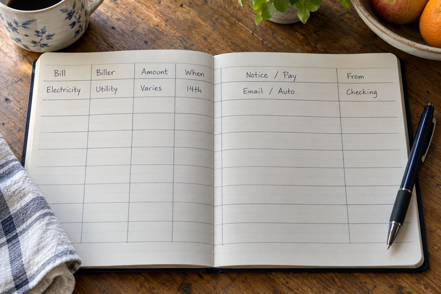 A handwritten table tracks a bill, biller, amount, timing, notice and payment channel, and payment source