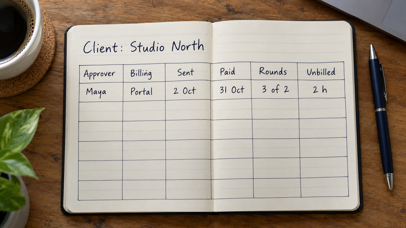 A handwritten client record tracks approver, billing route, invoice dates, revisions and unbilled time