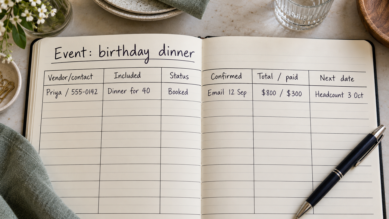 A handwritten event table records vendor contact, inclusion, status, confirmation, committed money and next date
