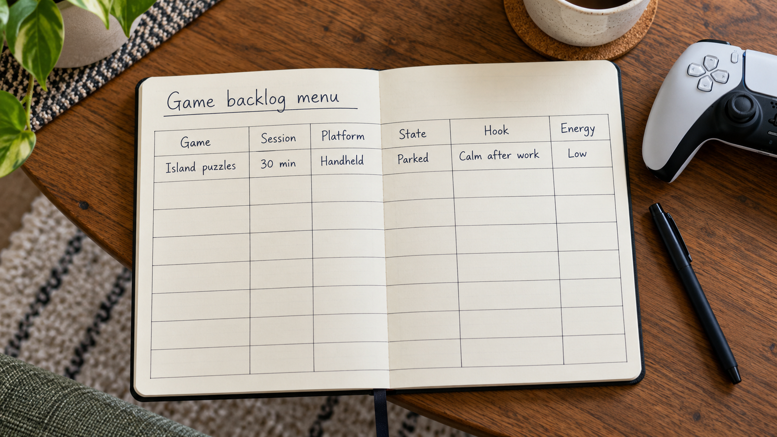 A handwritten game menu records session length, platform, state, hook and energy demand