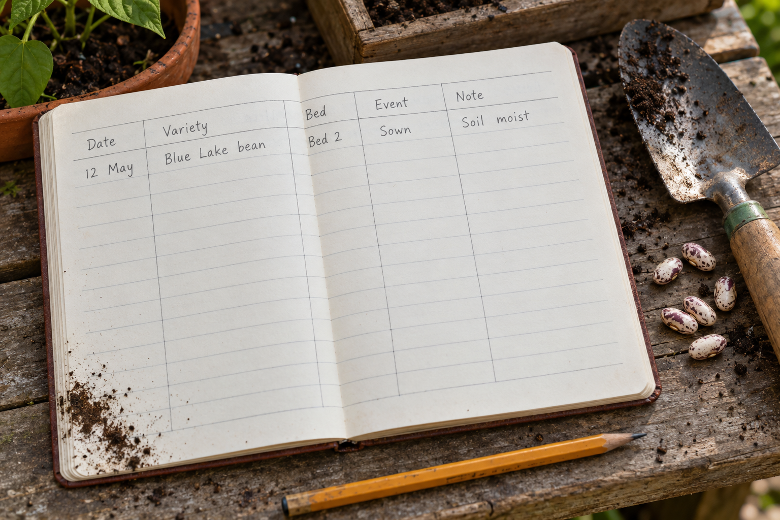 A handwritten garden journal table records date, variety, bed, event and note