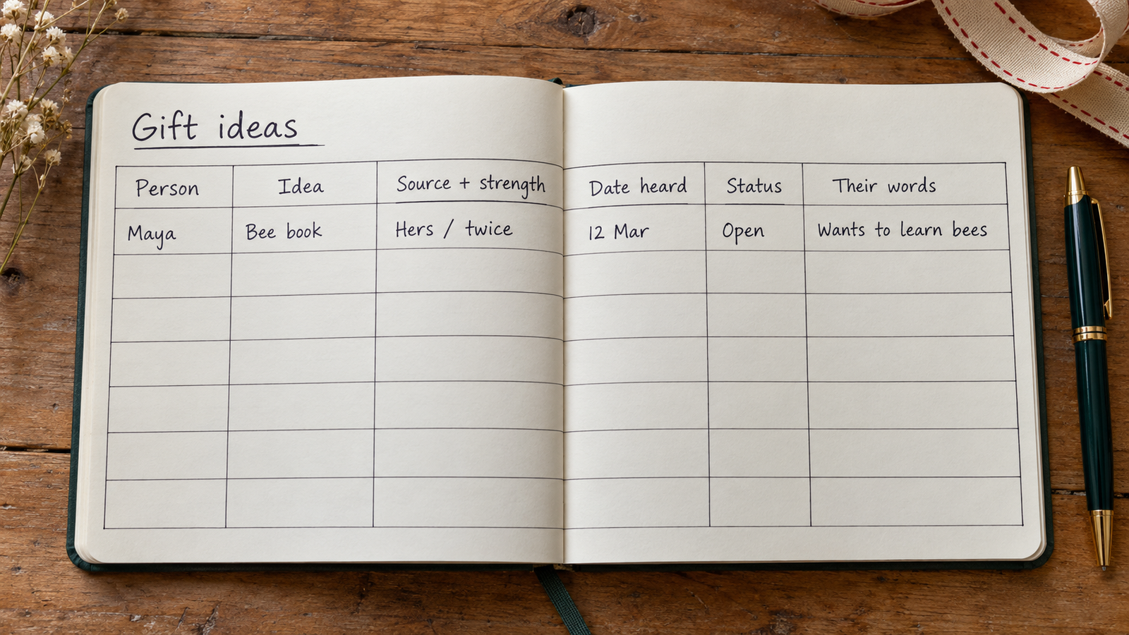 A handwritten gift list records person, idea, source, date heard, status and original words