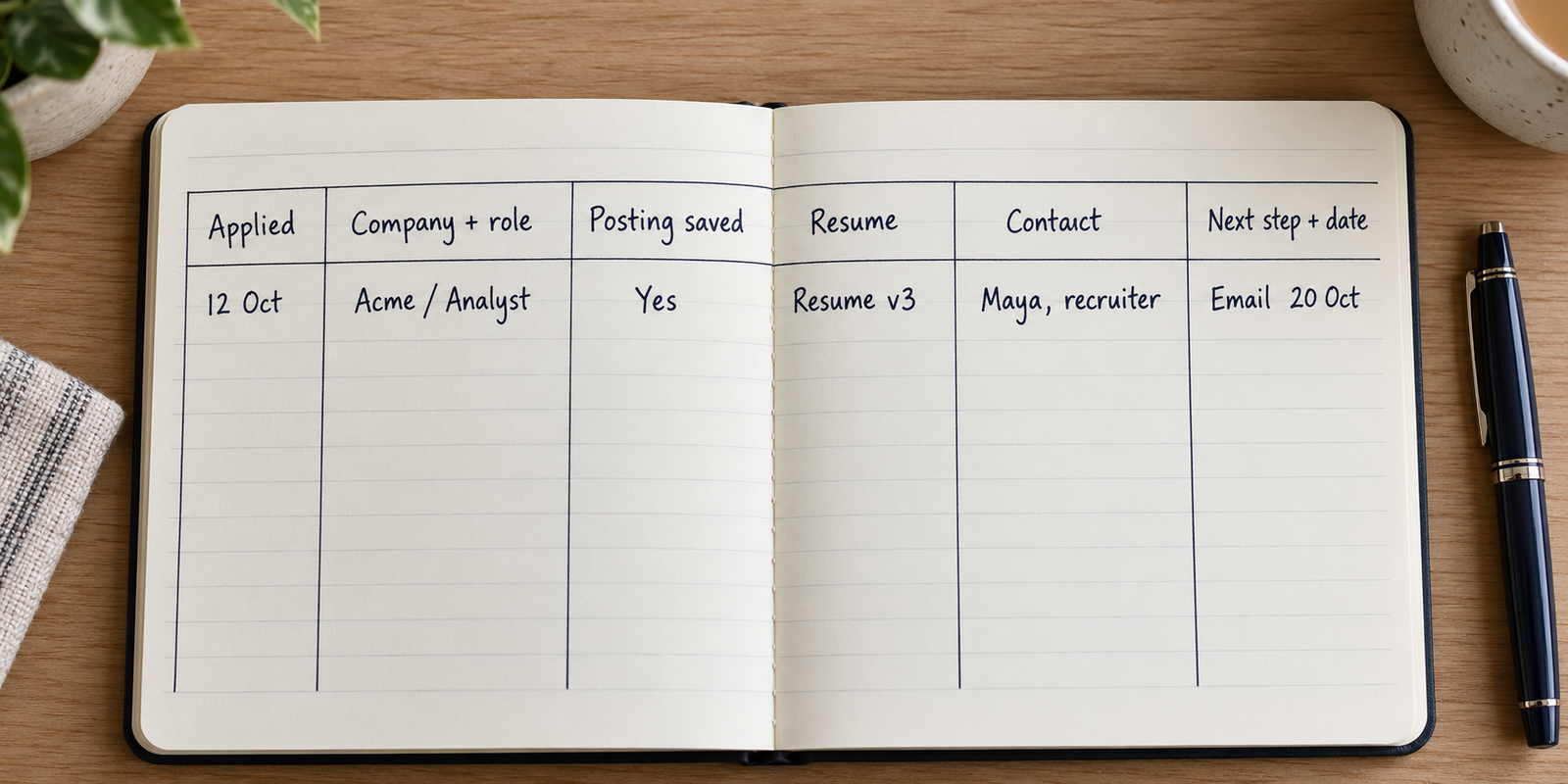 A handwritten table tracks application date, role, posting, resume, contact and next action