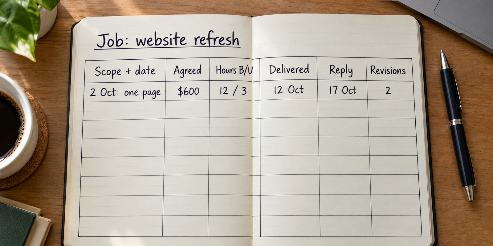 A handwritten job record tracks scope, agreed figure, hours, delivery, reply and revisions