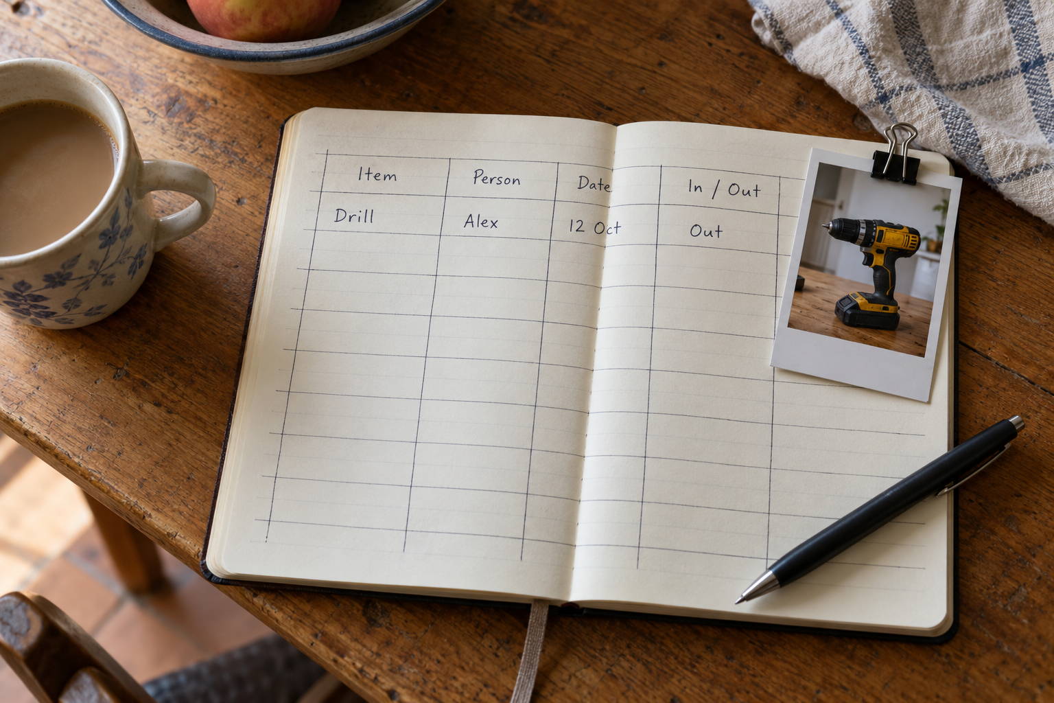 A notebook table records an item, person, date and whether it went out or came in