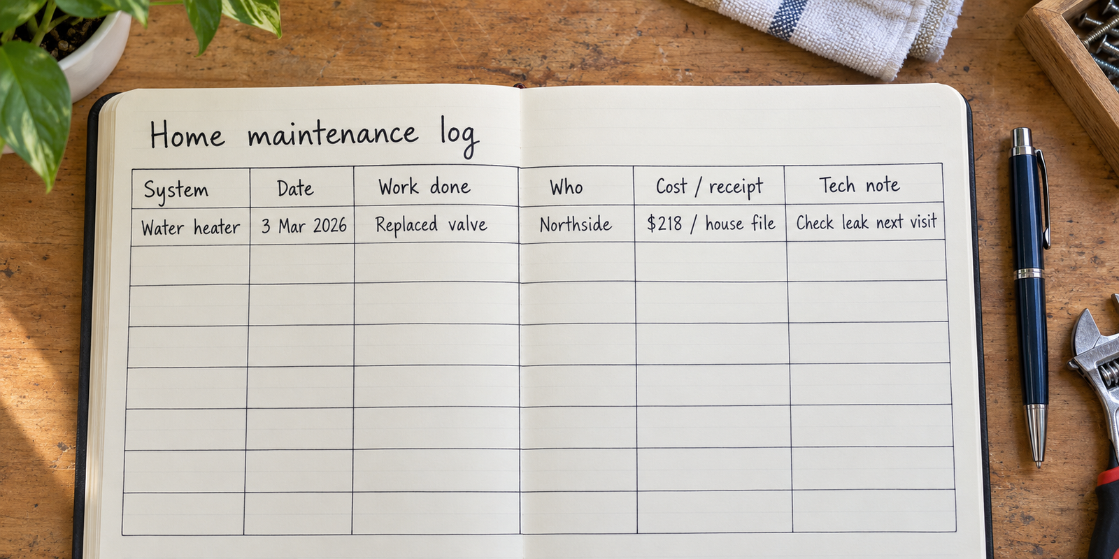 A handwritten maintenance table records system, date, work, provider, cost, receipt and technician note