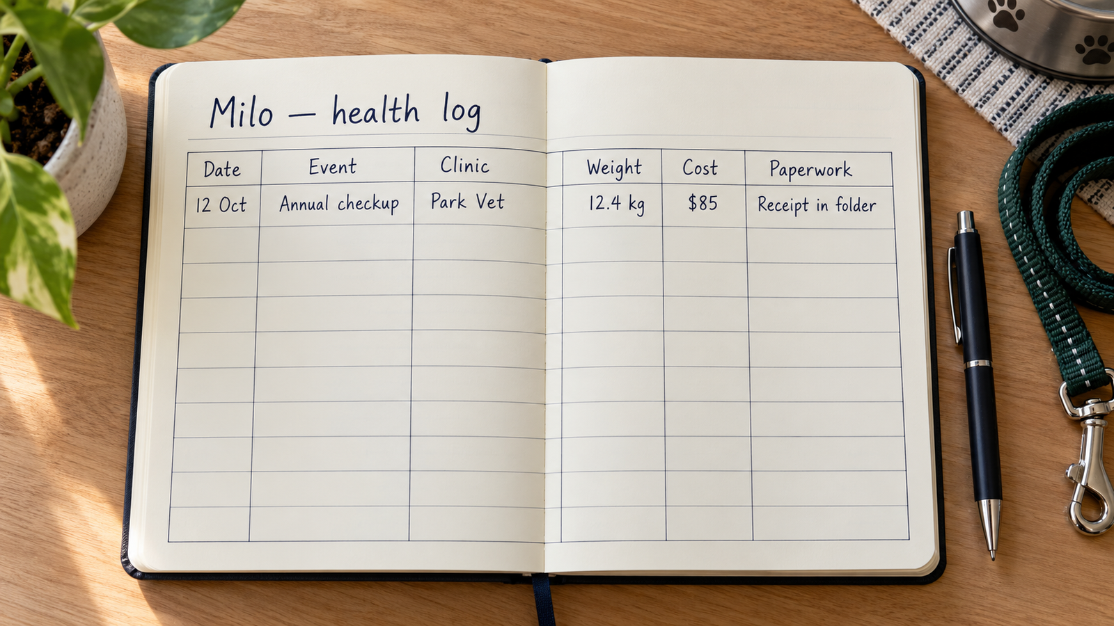 A handwritten pet health log records date, event, clinic, weight, cost and paperwork location