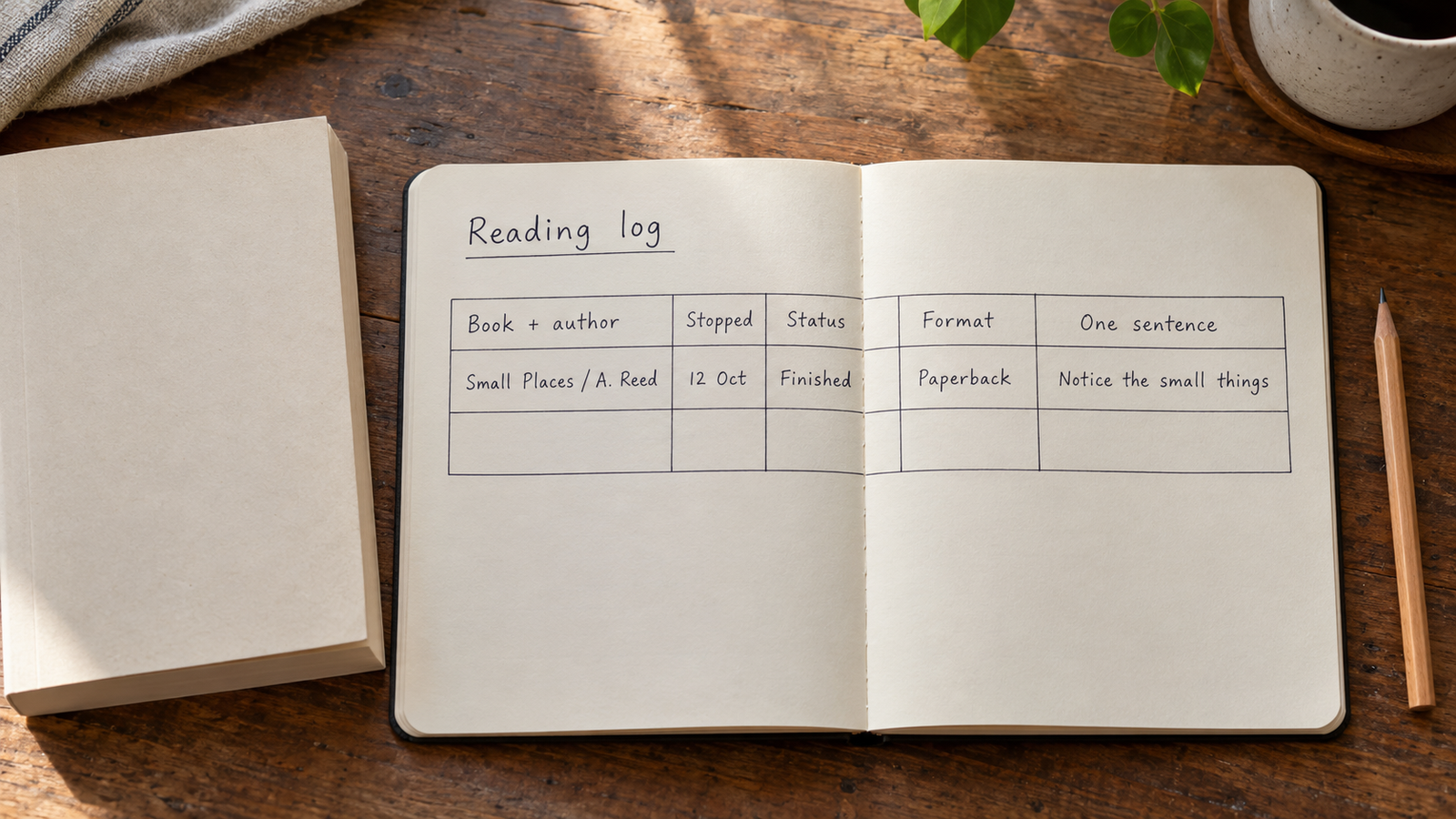 A handwritten reading log records book and author, stop date, status, format and one sentence