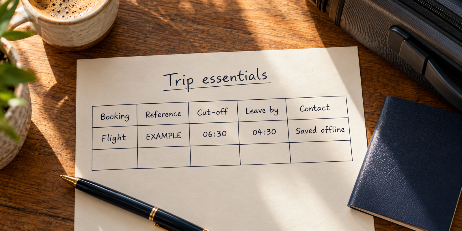 An example trip table records booking, reference, cut-off time, leave-by time and contact location