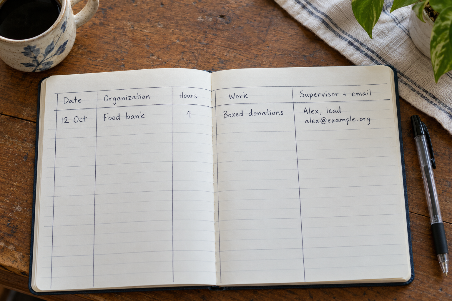 A handwritten volunteer log records date, organization, hours, work and supervisor contact