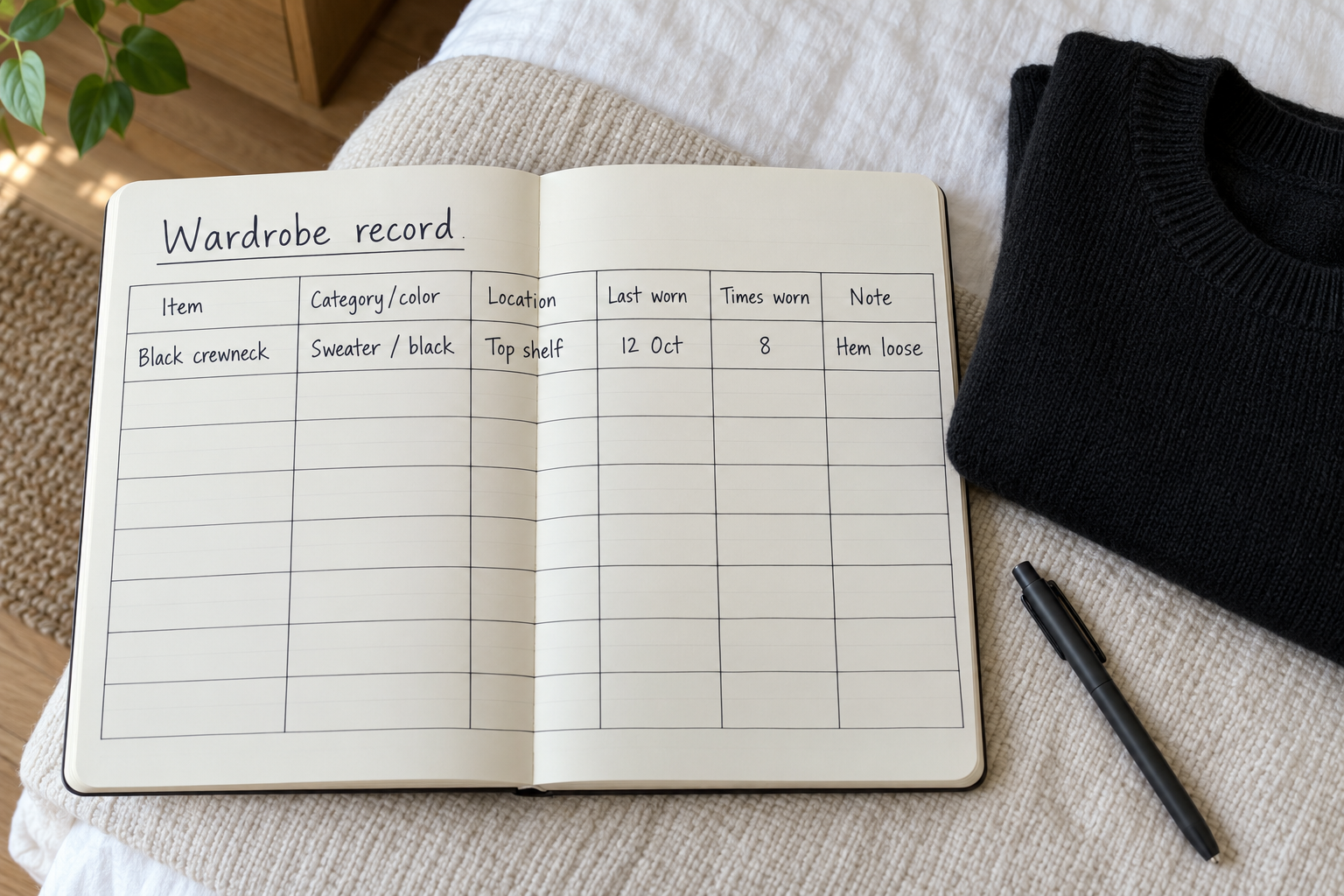 A handwritten wardrobe table records item, category, color, location, wear and a note