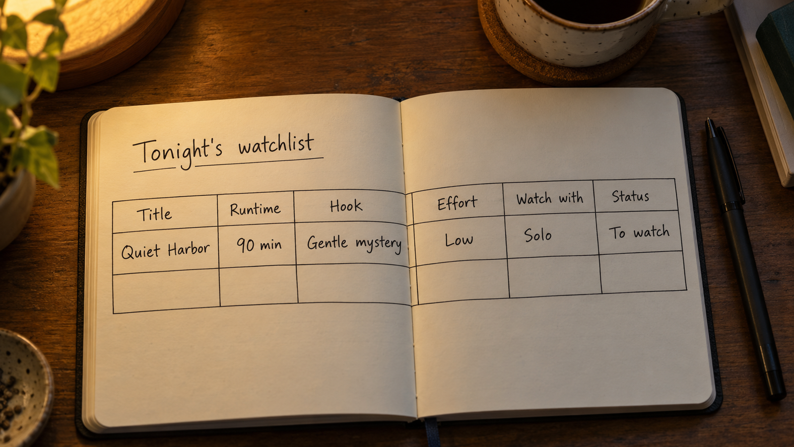 A handwritten watchlist records title, runtime, hook, effort, who to watch with and status