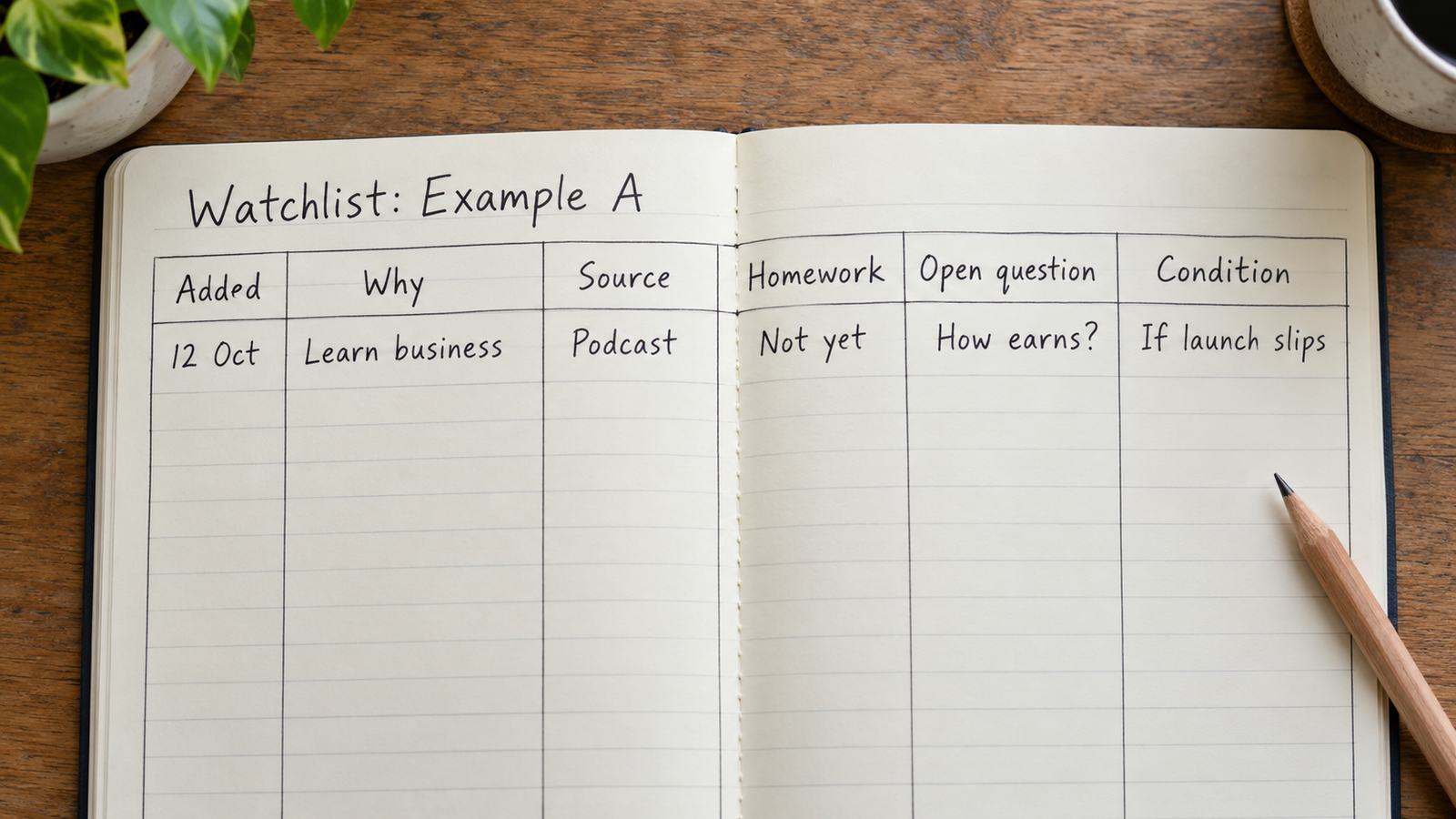 A handwritten watchlist records a date, reason, source, homework level, question and condition