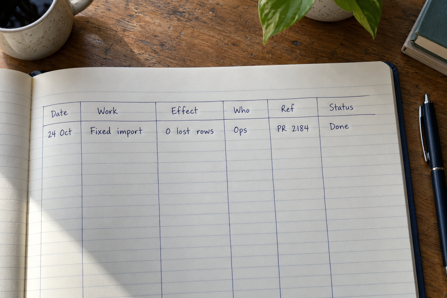 A handwritten work log table with date, work, effect, who, reference and status columns